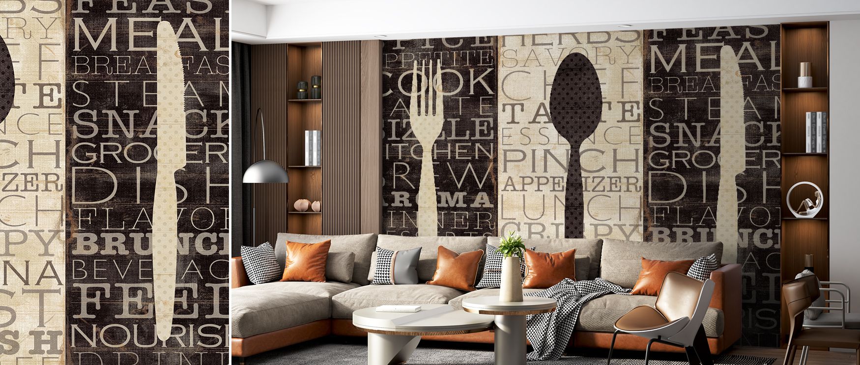 This design celebrates creativity through stylish typography, turning everyday words into striking wall art. It enriches interiors with warmth, making kitchens and dining rooms dynamic. 
