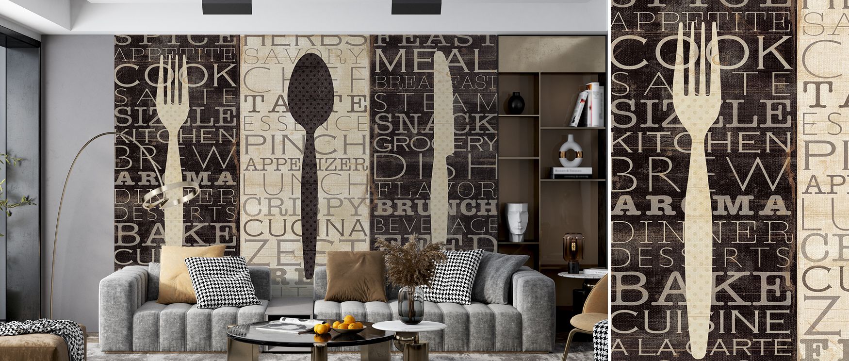 Bold letters form a trio that decorates walls with charm. The wallpaper transforms interiors into joyful, welcoming spaces where personality shines. 