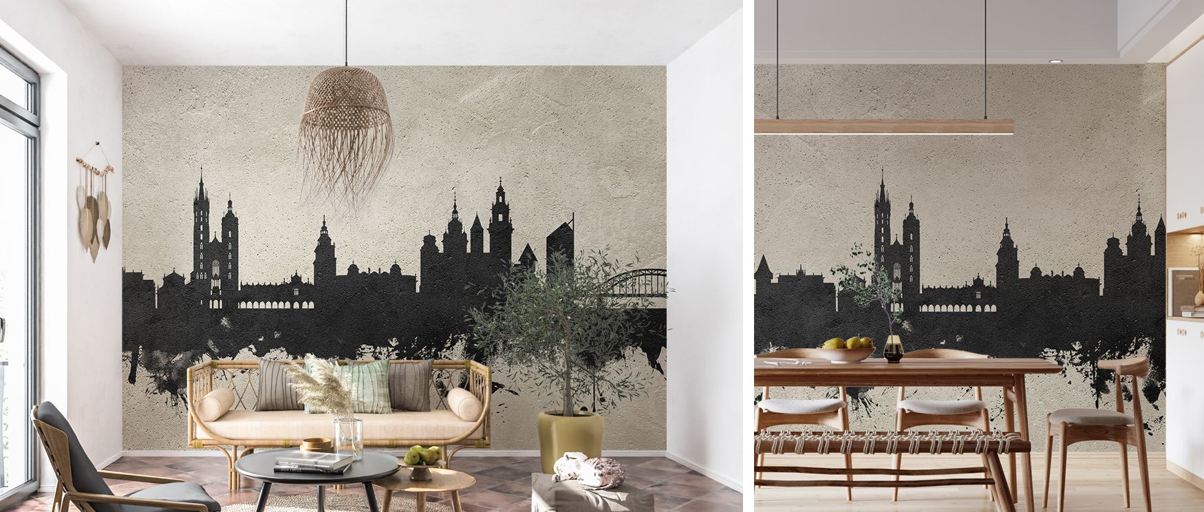 Architectural lines appear in soft tones, giving walls elegance while reflecting Krakow’s heritage. The wallpaper enriches spaces with quiet charm, suitable for a variety of interior settings. 