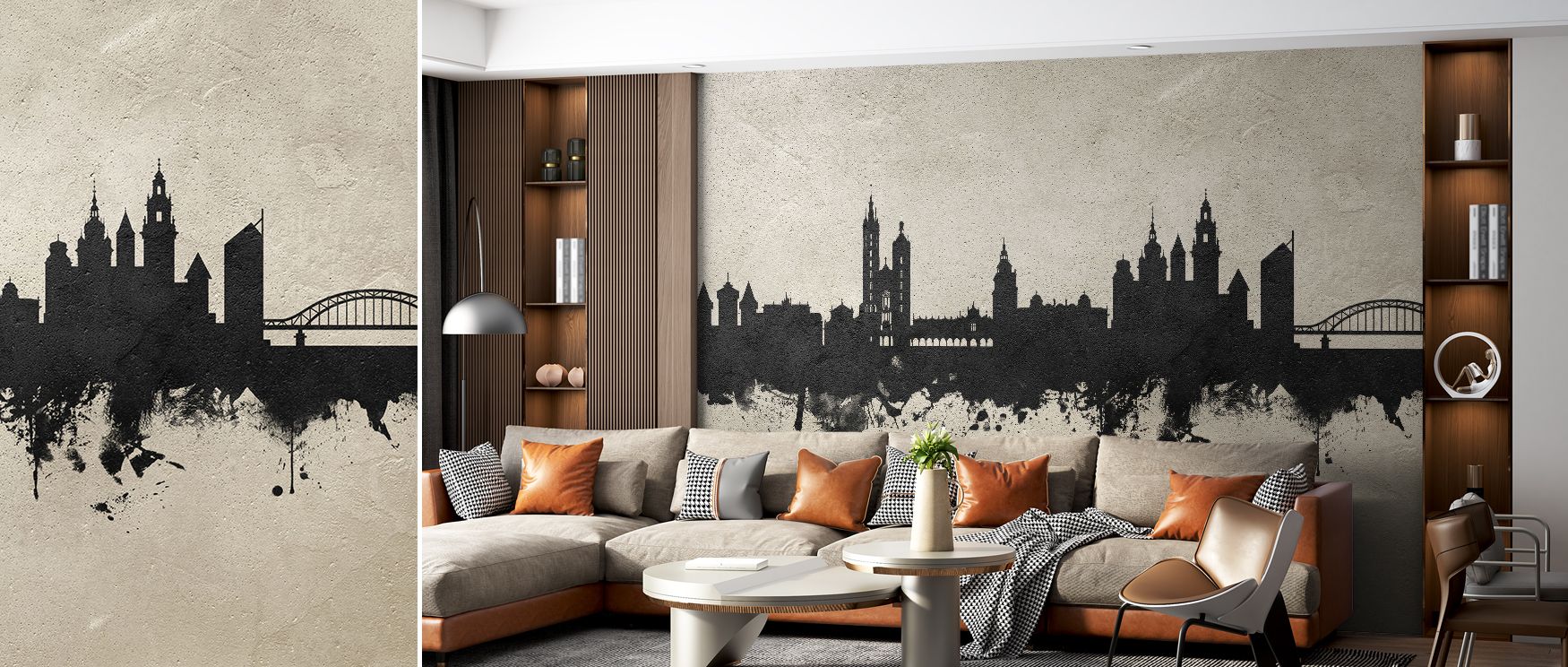 The skyline glows subtly in concrete tones, blending cultural pride with elegance. Interiors feel refined and stylish, enriched by the Polish charm captured in this wallpaper. 