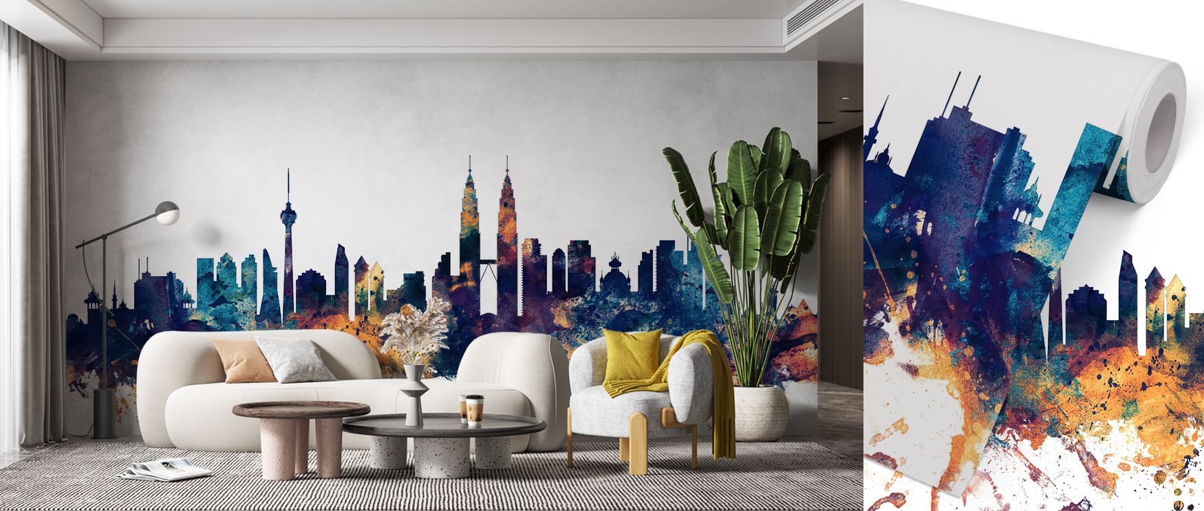 The skyline rises in luminous contrast, combining blue depth with bronze brilliance. This wallpaper enriches interiors with artistic sophistication, creating striking backdrops for modern living. 