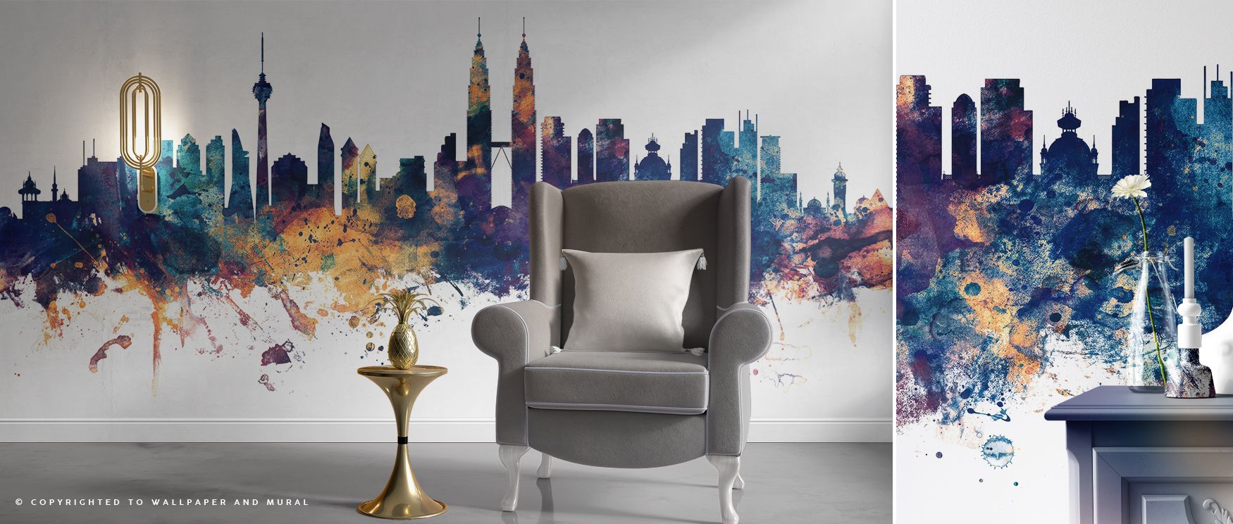 Blue tones dominate the skyline as bronze highlights accentuate details. This wallpaper radiates elegance and warmth, perfect for transforming bedrooms, offices, or living rooms. 
