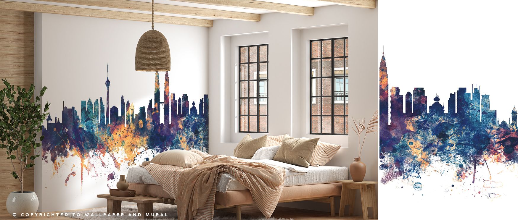 The cityscape glows in striking hues, blending blue shadows with bronze brilliance. This wallpaper enhances walls with charm, enriching interiors with stylish elegance. 