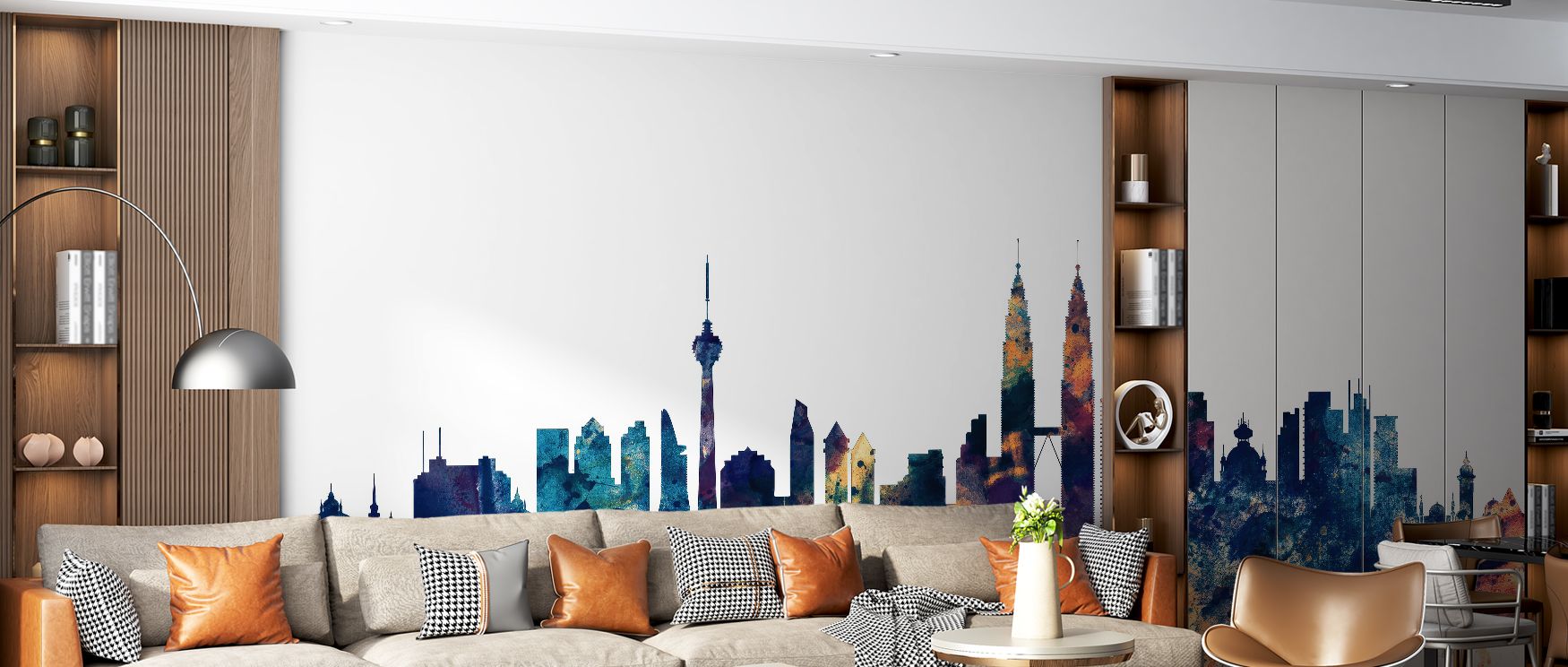 Blue and bronze tones merge across the skyline, transforming interiors into artistic spaces. This wallpaper radiates cultural pride and modern energy, perfect for sophisticated homes. 