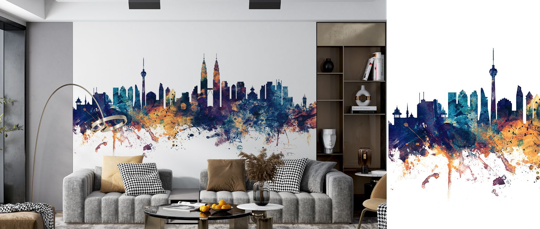 The skyline glows with dramatic contrast, combining cultural elegance with artistic boldness. This wallpaper fills interiors with charm, refinement, and visual impact. 