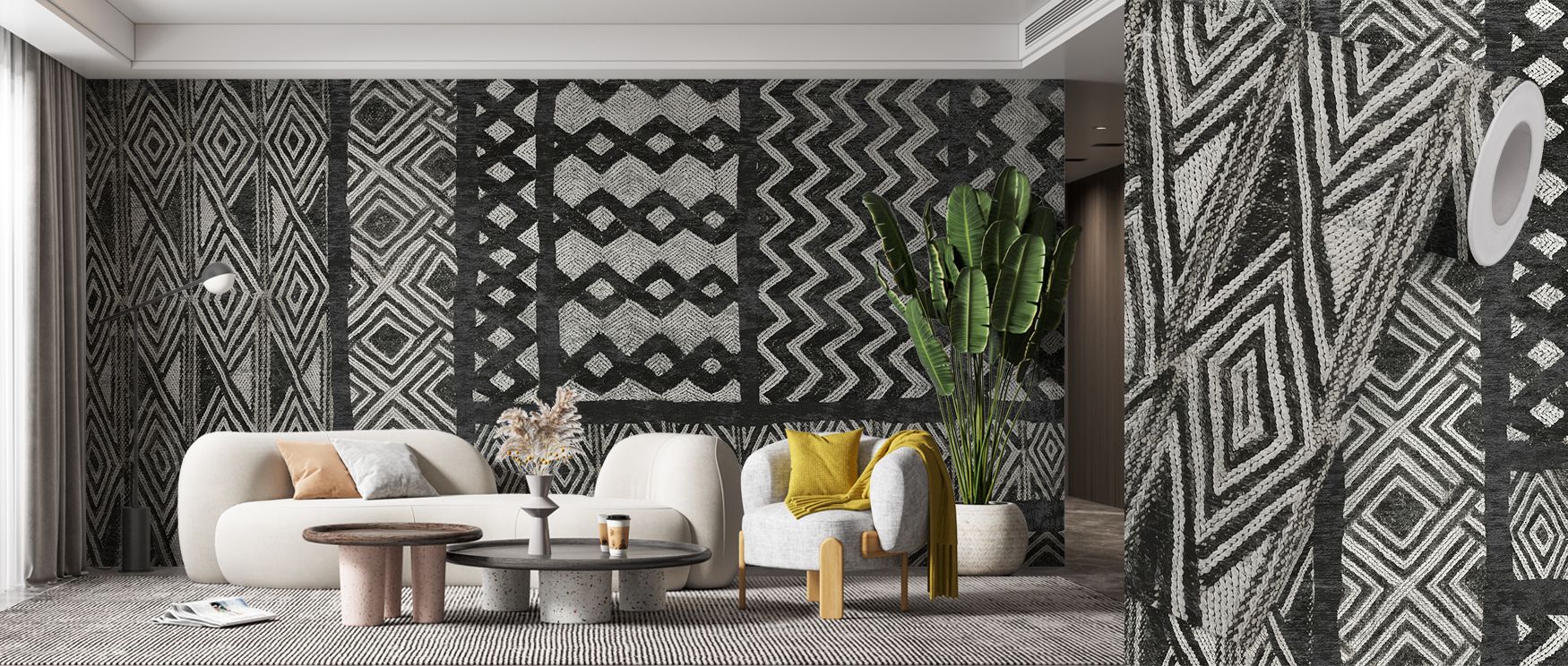 Kuba Abstract Black and White Wallpaper provides offices with sophisticated artistry where bold geometric patterns inspire creativity stylish professionalism and refined cultural charm blending modern energy with timeless elegance effectively.