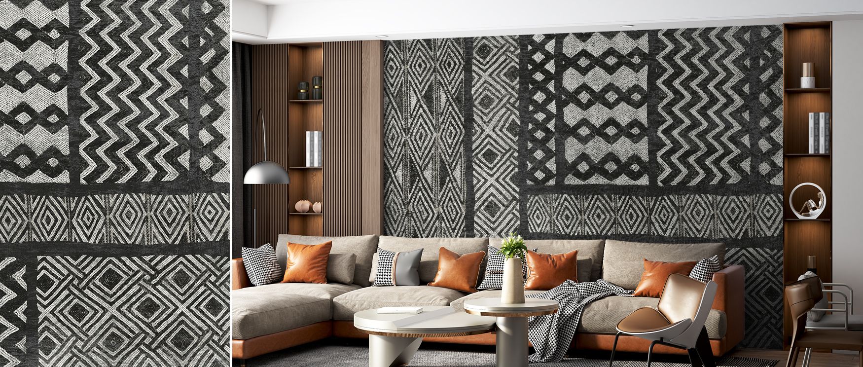 Kuba Abstract Black and White Wallpaper decorates living room interiors with bold geometric artistry where striking contrast inspires stylish decor infused with cultural refinement modern charm and refined atmosphere effectively.