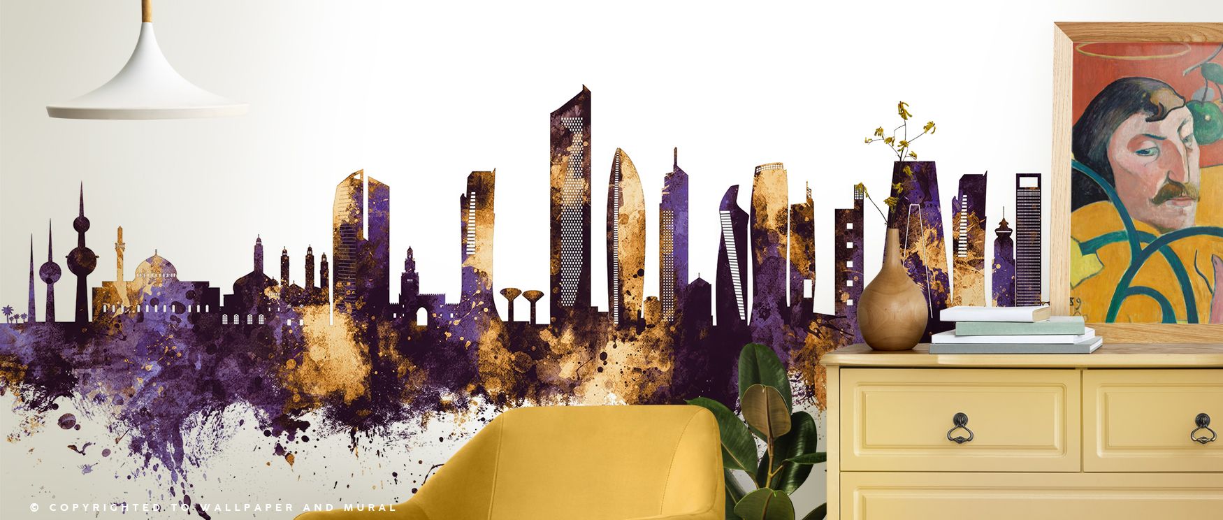 Artistic wallpaper Kuwait City Skyline Purple and Gold transforms living rooms with bold regal imagery where city skyline enriched with luxurious tones provides engaging decor filled with cultural refinement stylish balance and timeless charm consistently