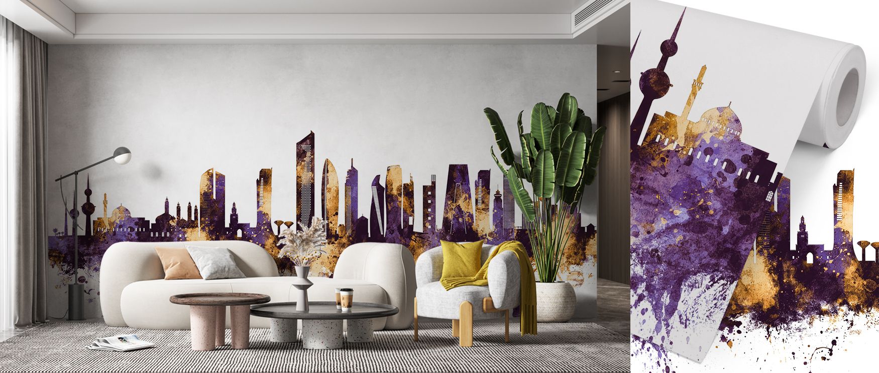 Wallpaper featuring Kuwait City Skyline Purple and Gold design enriches bedrooms with restful artistry where regal tones inspire sanctuary filled with cultural refinement stylish balance and refined Middle Eastern charm offering tranquil interiors harmoni