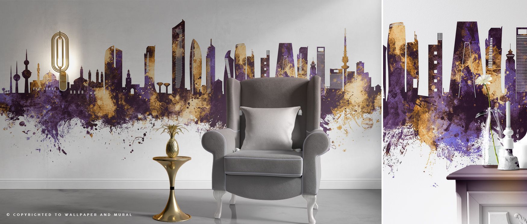 Kuwait City Skyline Purple and Gold Wallpaper provides offices with artistic regal imagery where skyline silhouettes inspire professional decor blending cultural refinement stylish professionalism and Middle Eastern elegance beautifully.