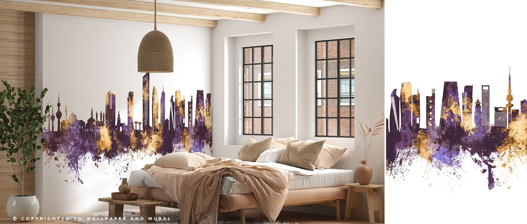 Kuwait City Skyline Purple and Gold Wallpaper enriches bedrooms with cultural artistry where regal palette provides restful sanctuary infused with stylish balance artistic refinement and Middle Eastern charm enhancing interiors effectively.