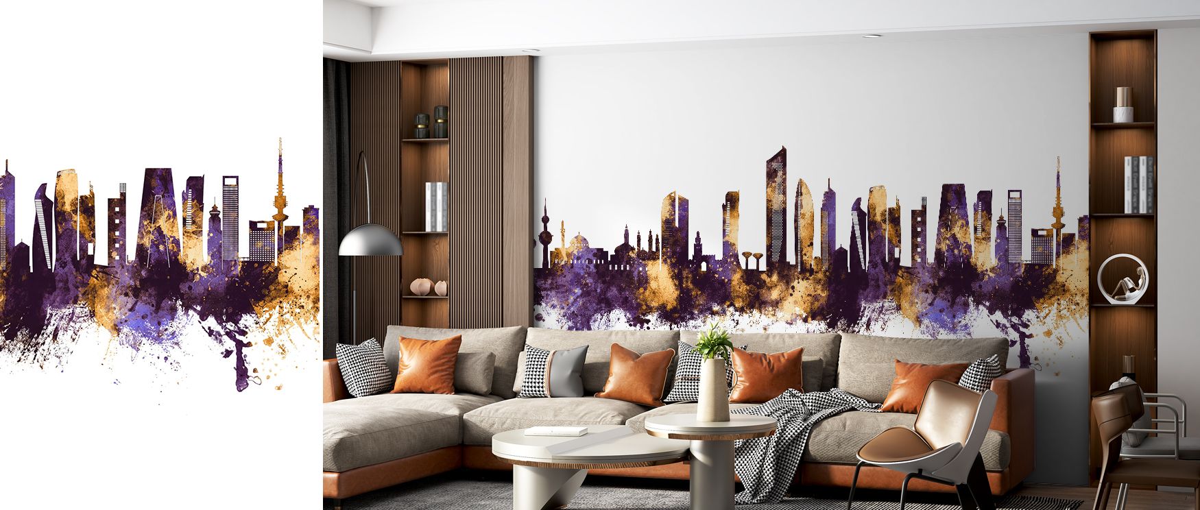 Wallpaper of Kuwait City Skyline Purple and Gold design enhances offices with professional artistic imagery where skyline decor inspires creativity stylish refinement and refined cultural sophistication blending elegance seamlessly.
