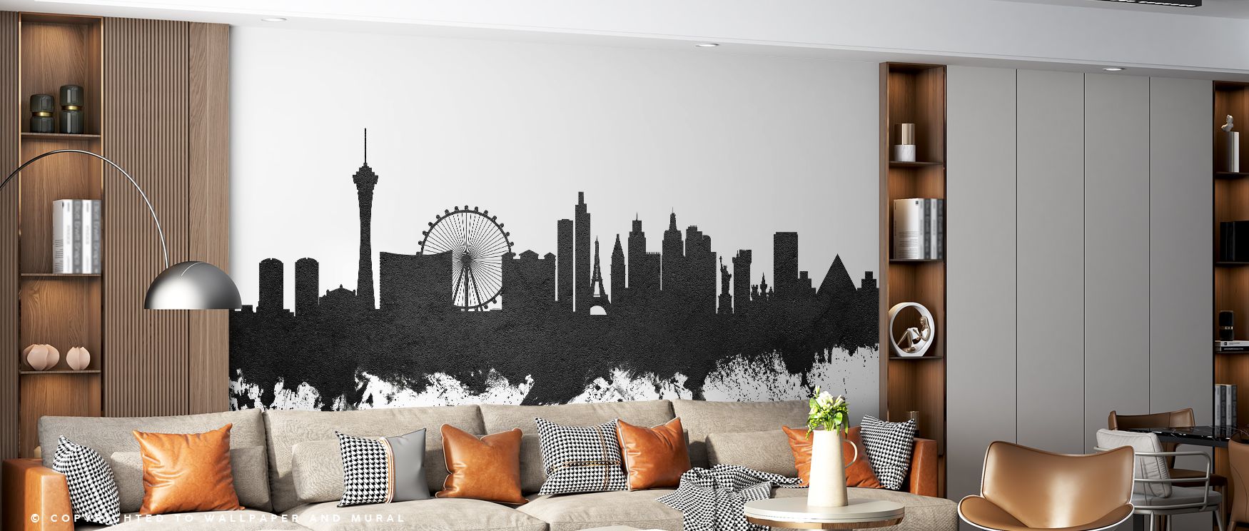 Las Vegas skyline painted in black and white tones stretches across the wallpaper, enriching interiors with artistry, charm, and modern refinement, turning bedrooms, offices, or living areas into stylish retreats filled with urban energy and sophisticatio