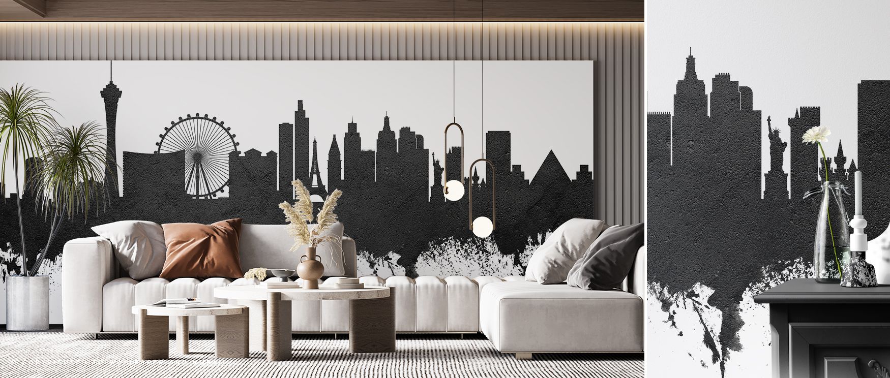 Monochrome imagery of Las Vegas skyline illustrated with artistry enriches interiors with refinement and charm, turning walls into cultural canvases that make bedrooms, lounges, or offices stylish retreats filled with urban beauty and sophistication. 