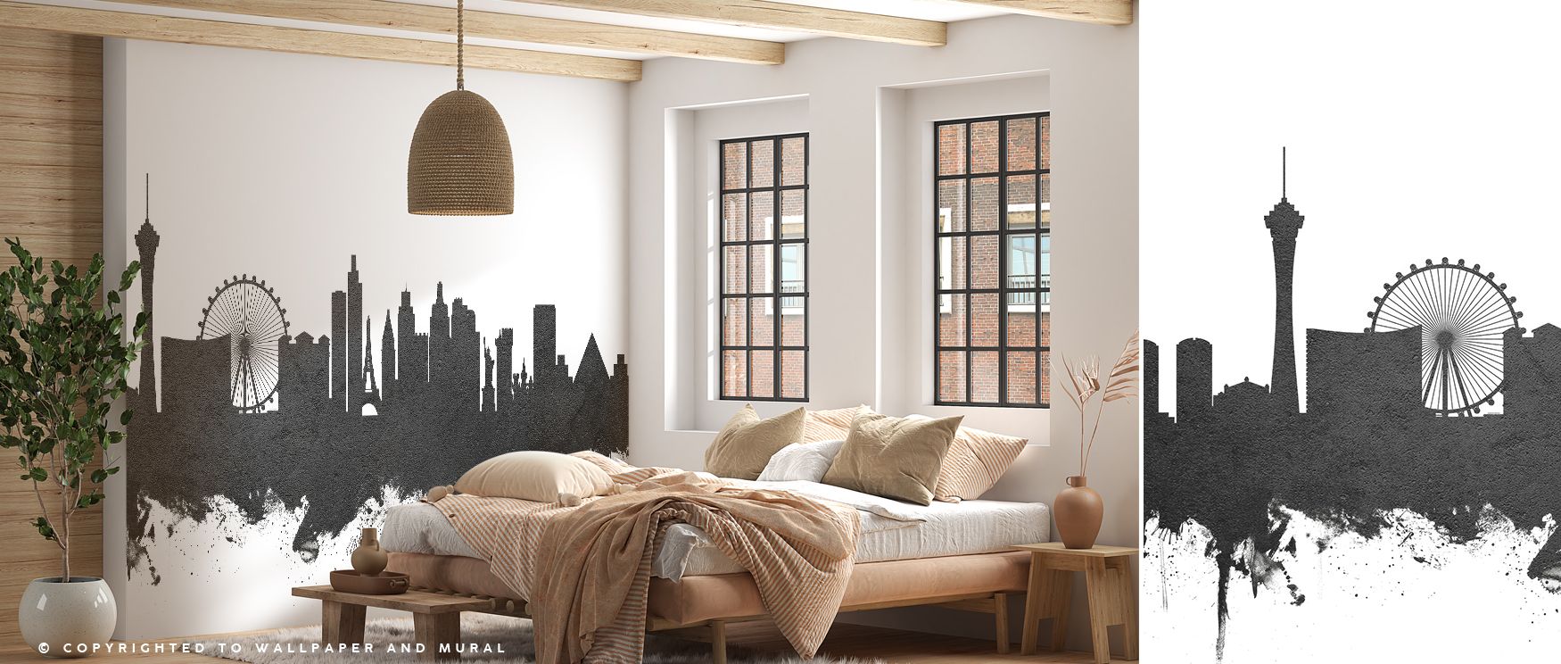 Las Vegas city skyline painted in black and white spreads richly across the wallpaper, enriching interiors with cultural artistry, charm, and refinement, making bedrooms, living rooms, or offices stylish retreats filled with city sophistication. 