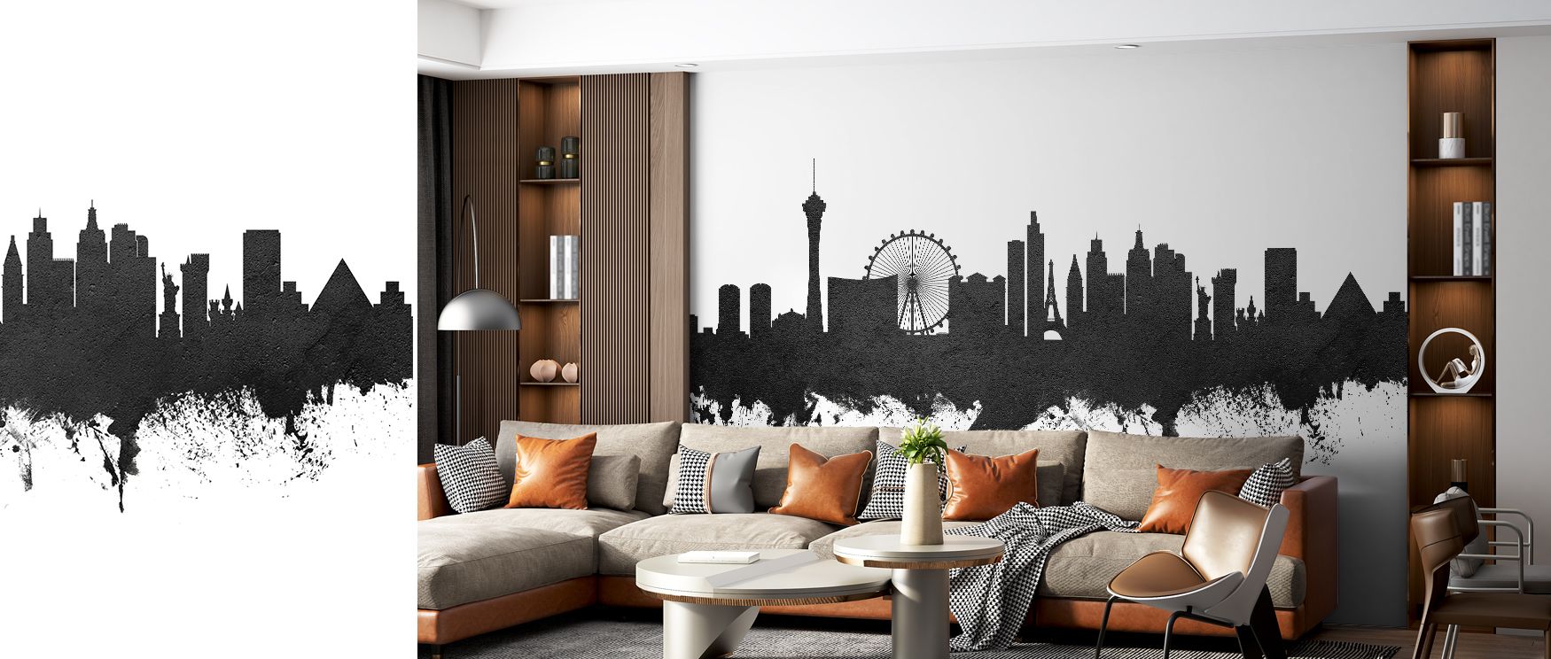 Skyline imagery of Las Vegas illustrated in balanced monochrome tones enriches interiors with charm, artistry, and sophistication, turning bedrooms, offices, or lounges into stylish retreats filled with modern refinement and cultural depth. 