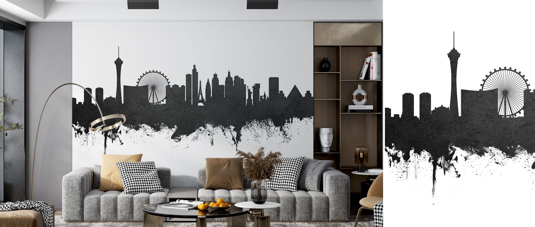 Black and white tones illustrating Las Vegas skyline enrich interiors with artistry, charm, and sophistication, making bedrooms, living rooms, or offices retreats filled with city beauty and refined urban style. 