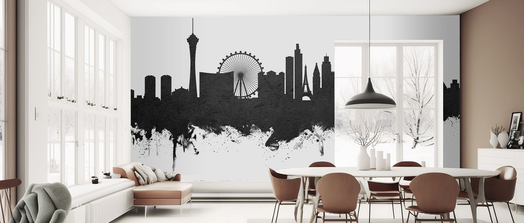 Monochrome skyline imagery of Las Vegas enriches interiors with cultural artistry and charm, turning walls into refined urban backdrops that enhance bedrooms, lounges, or offices with sophistication and modern elegance. 