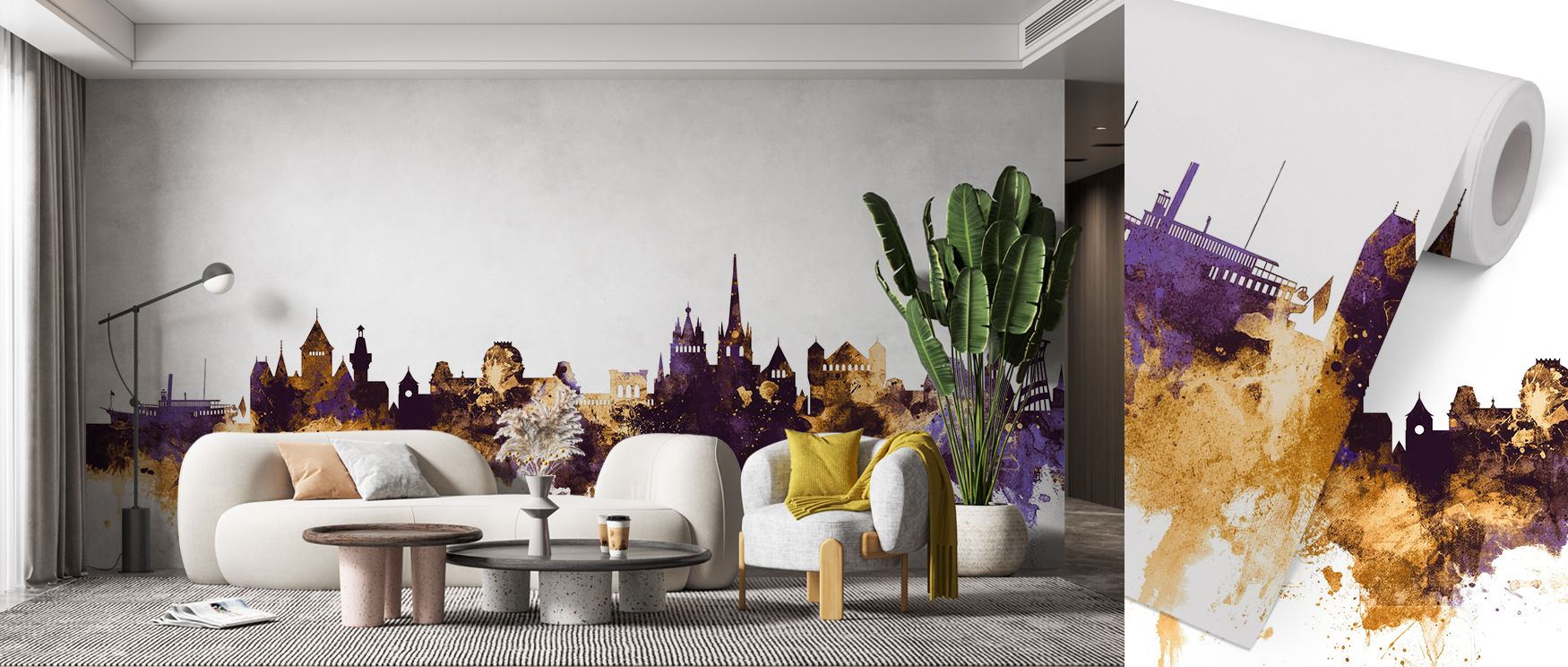 Lausanne skyline depicted in bold purple and shimmering gold spreads across the wallpaper with artistry, enriching interiors with cultural resonance. Bedrooms, living rooms, or offices gain stylish resonance as walls radiate vibrancy. Each motif reflects 