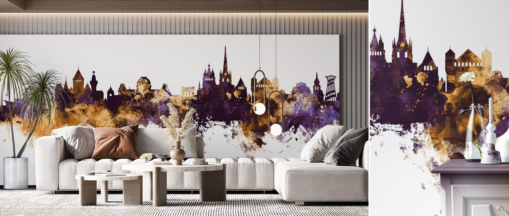 The skyline of Lausanne painted in regal purple and gold tones enriches interiors with artistry and charm. Bedrooms, offices, or living spaces gain stylish resonance as walls radiate cultural depth. Each line reflects heritage inspiration, making interior