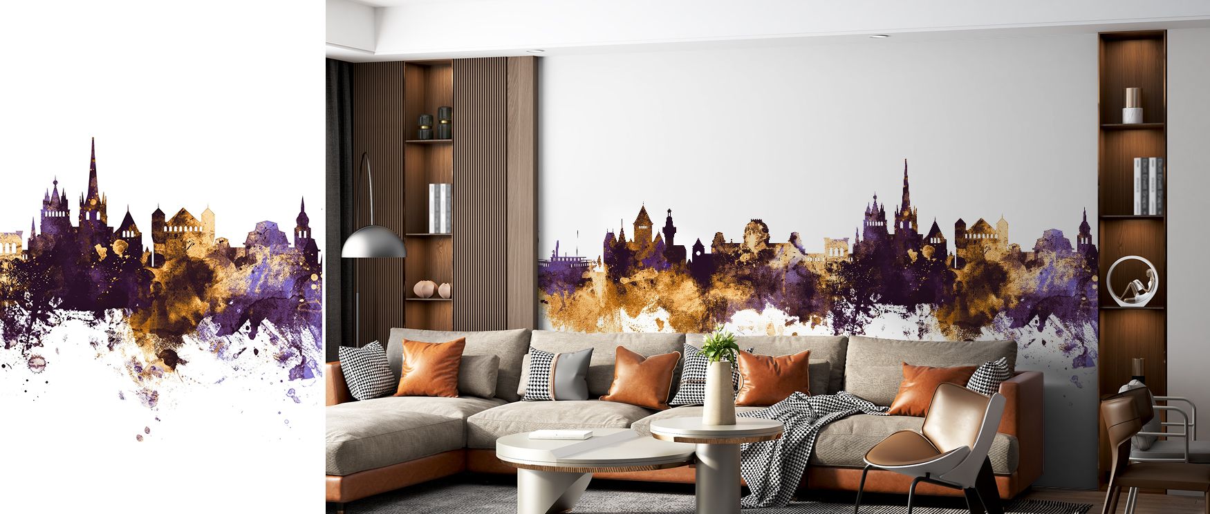 Architectural silhouettes of Lausanne rendered in purple and gold enrich interiors with artistry, charm, and cultural depth. Bedrooms, offices, or living rooms gain stylish resonance. Each line radiates sophistication, turning walls into compositions enri