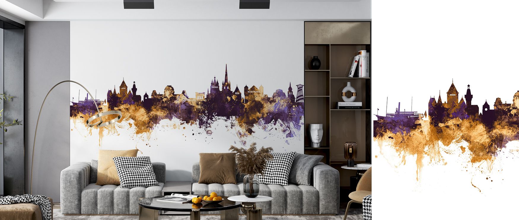 Lausanne skyline motifs painted in regal purple with golden highlights enrich interiors with artistry, charm, and cultural resonance. Bedrooms, lounges, or offices gain stylish retreats filled with refinement. Each motif reflects Swiss elegance, turning i
