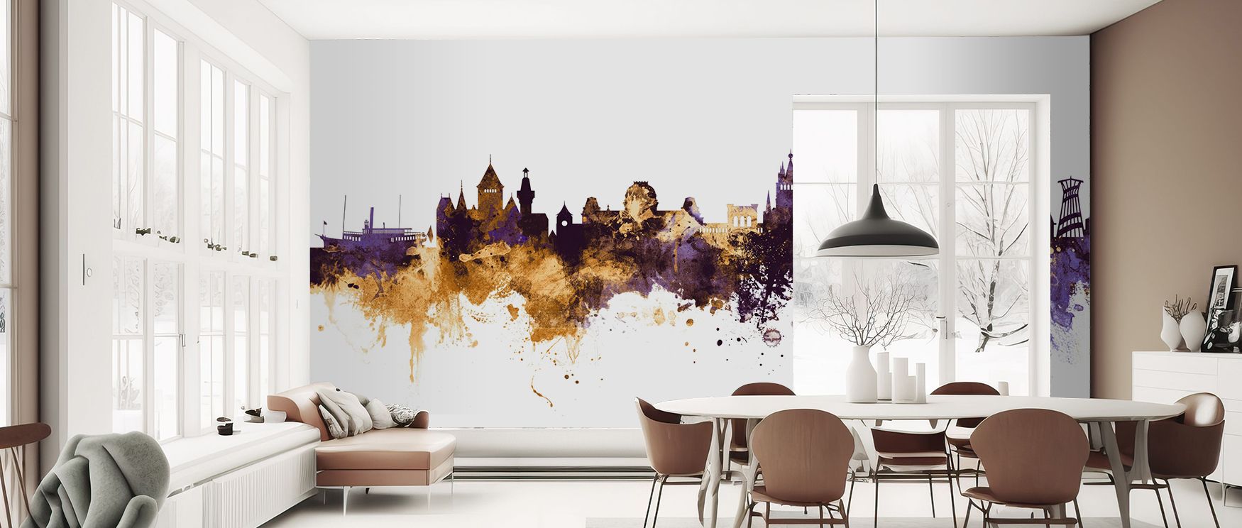 Skyline imagery of Lausanne depicted in purple and gold tones enriches interiors with artistry, charm, and refinement. Bedrooms, offices, or living rooms gain stylish resonance. Each line radiates cultural inspiration, turning interiors into refined cultu