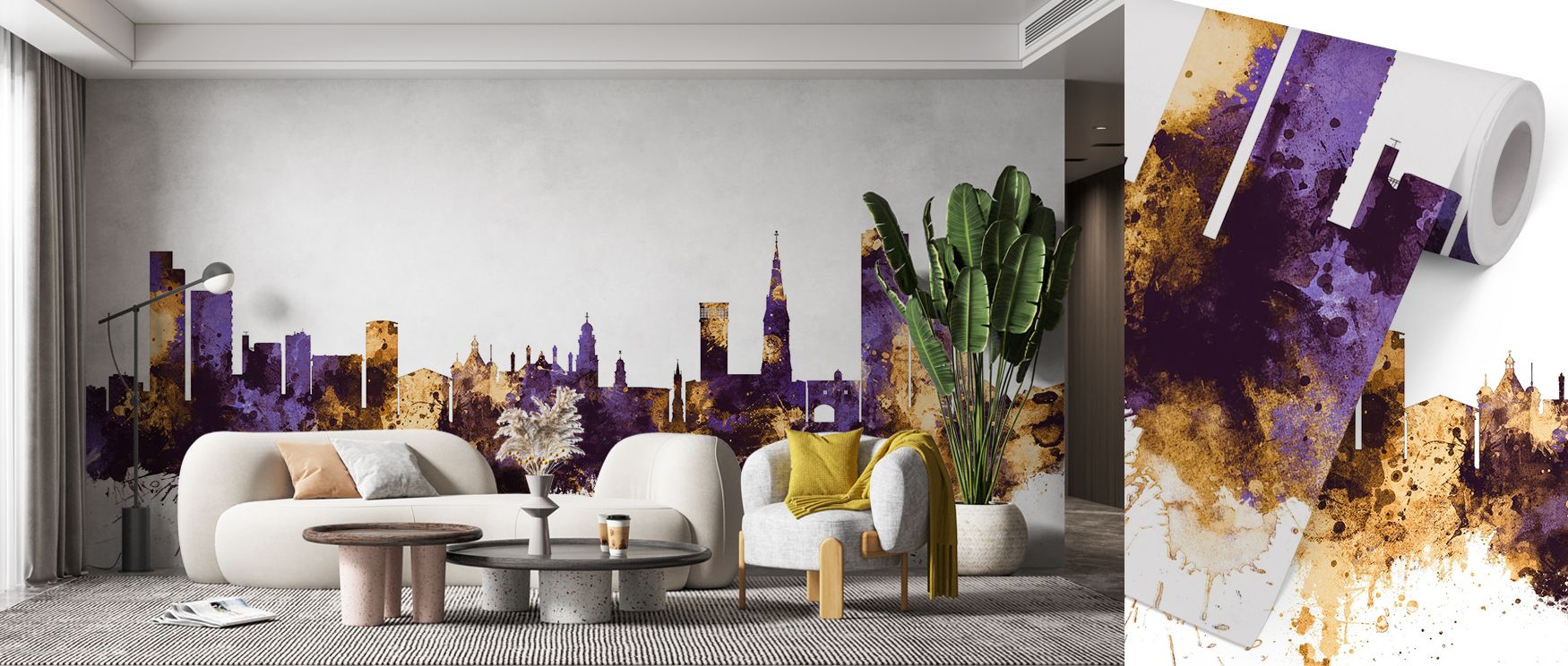 Skyline silhouettes of Leicester painted in purple enriched with golden tones spread across the wallpaper, enriching interiors with artistry, charm, and cultural resonance. Bedrooms, living rooms, or offices gain stylish retreats. Each motif radiates heri