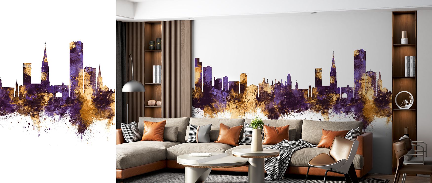 Leicester skyline imagery painted in regal purple and gold tones spreads across the wallpaper, enriching interiors with artistry, charm, and refinement. Bedrooms, living rooms, or offices gain stylish retreats. Each motif reflects heritage artistry, turni