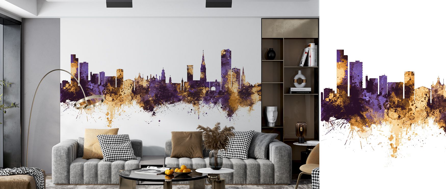 Architectural silhouettes of Leicester skyline illustrated in purple and gold enrich interiors with artistry, charm, and refinement. Bedrooms, offices, or living spaces gain stylish resonance as walls radiate sophistication. Each motif reflects heritage r