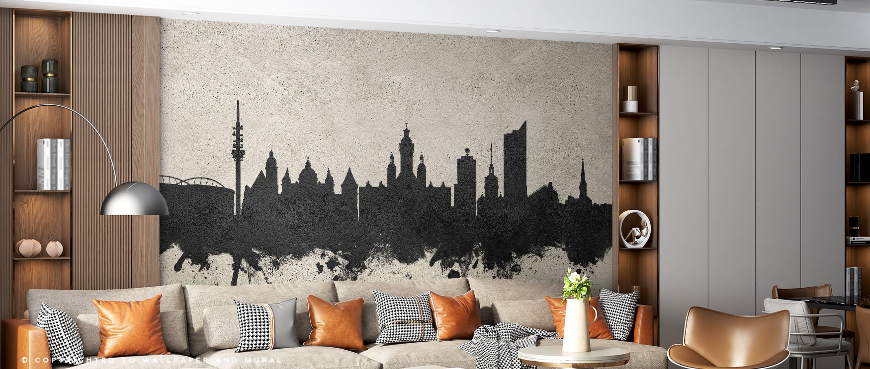 Leipzig skyline motifs illustrated in sleek concrete tones spread across the wallpaper, enriching interiors with artistry, charm, and refinement. Bedrooms, offices, or living rooms gain stylish walls filled with resonance. Each motif reflects heritage ins