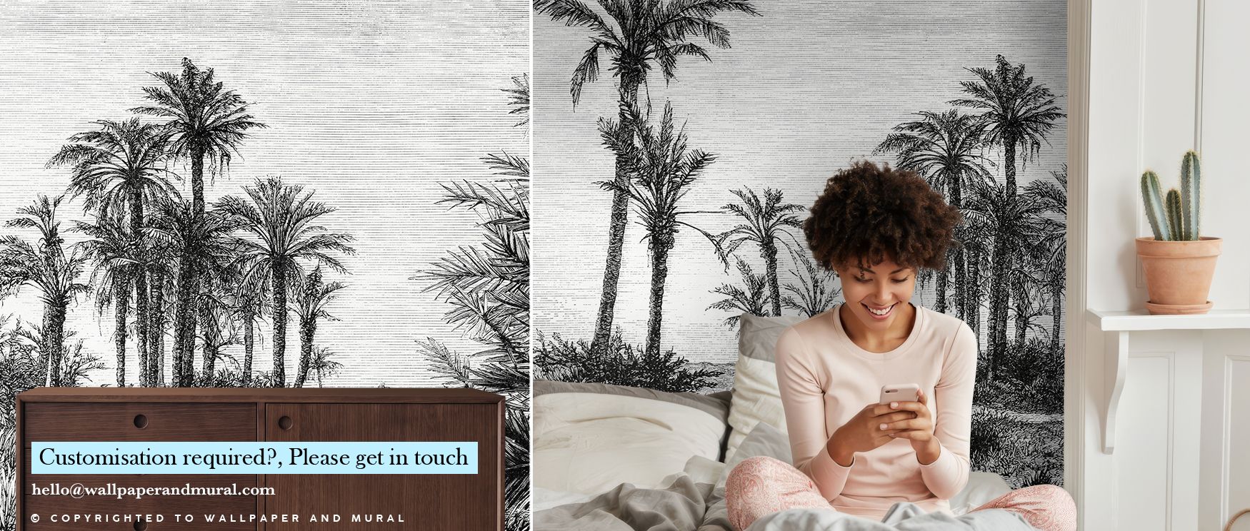 Palm tree motifs illustrated in lush detail spread elegantly across the wallpaper, creating interiors filled with tropical charm, vitality, and refreshing artistry while transforming bedrooms, living areas, or offices into tranquil retreats where natural 