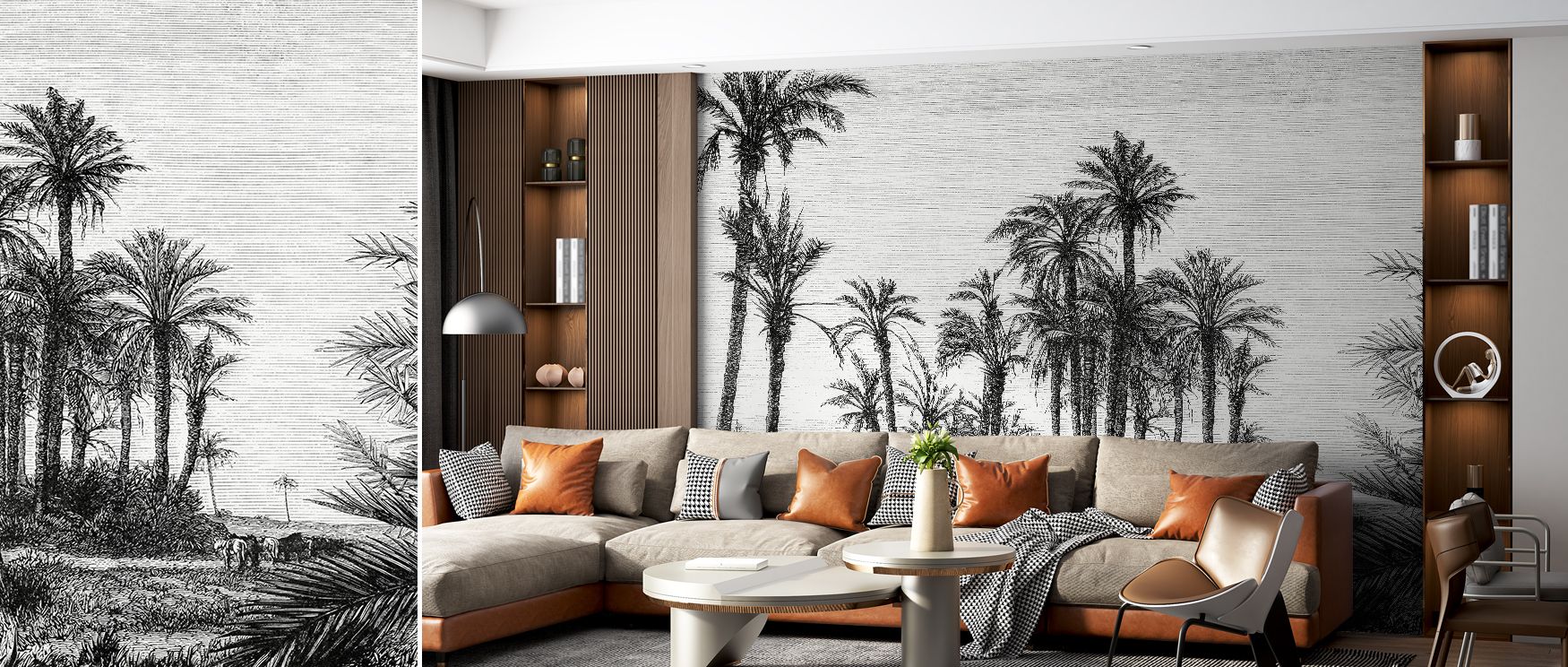 Palms spreading across the wallpaper create an atmosphere of calm and tropical charm, turning interiors into scenic retreats where bedrooms, offices, or living areas gain serenity, style, and vitality from detailed botanical artistry expressed in refined,