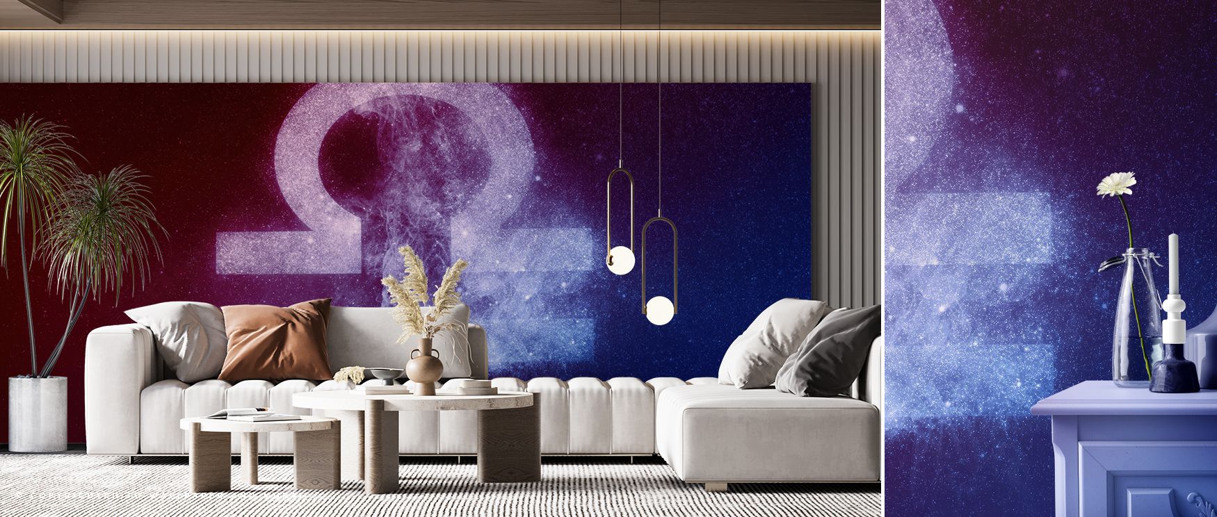 Stars forming the Libra constellation spread elegantly across the wallpaper, creating interiors filled with calmness, artistry, and cosmic charm, making bedrooms, lounges, or offices celestial sanctuaries enriched with serenity and mystery. 