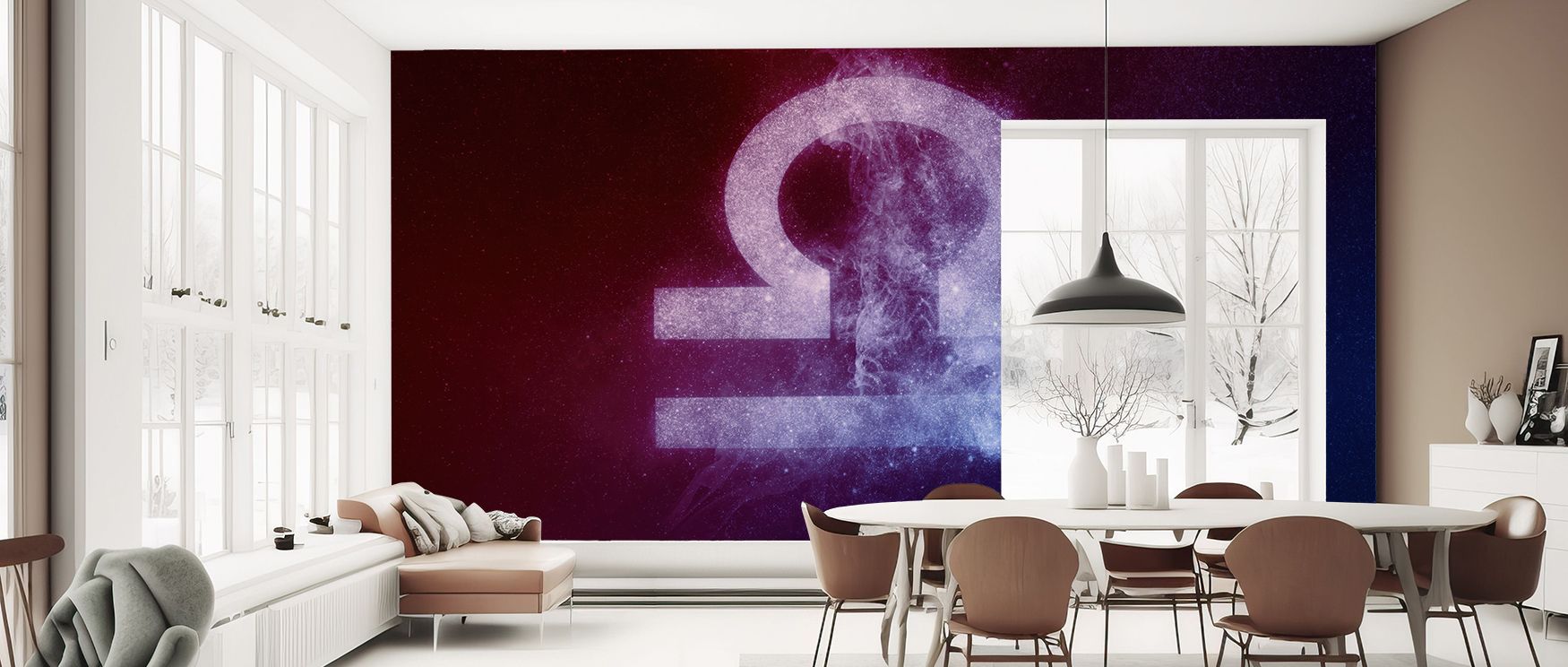 Celestial motifs of Libra constellation spread across the wallpaper with artistry and charm, filling interiors with tranquility, balance, and cosmic elegance that enriches bedrooms, lounges, or offices with refined astrological beauty. 