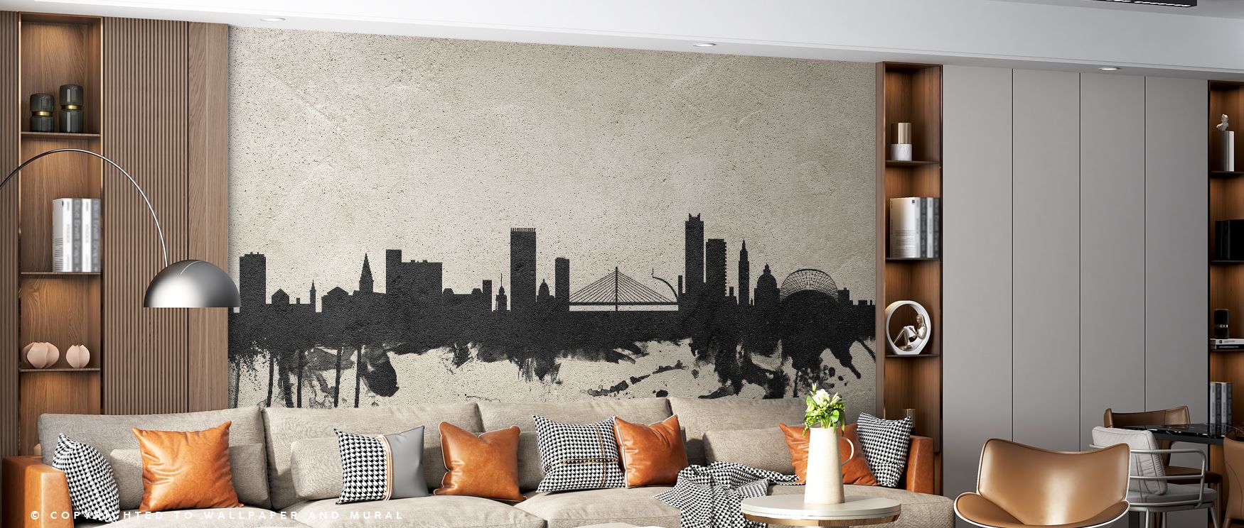 Liege skyline imagery illustrated in detailed tones spreads across the wallpaper, enriching interiors with Belgian charm, architectural artistry, and modern sophistication, turning bedrooms, offices, or living rooms into cultural retreats filled with styl