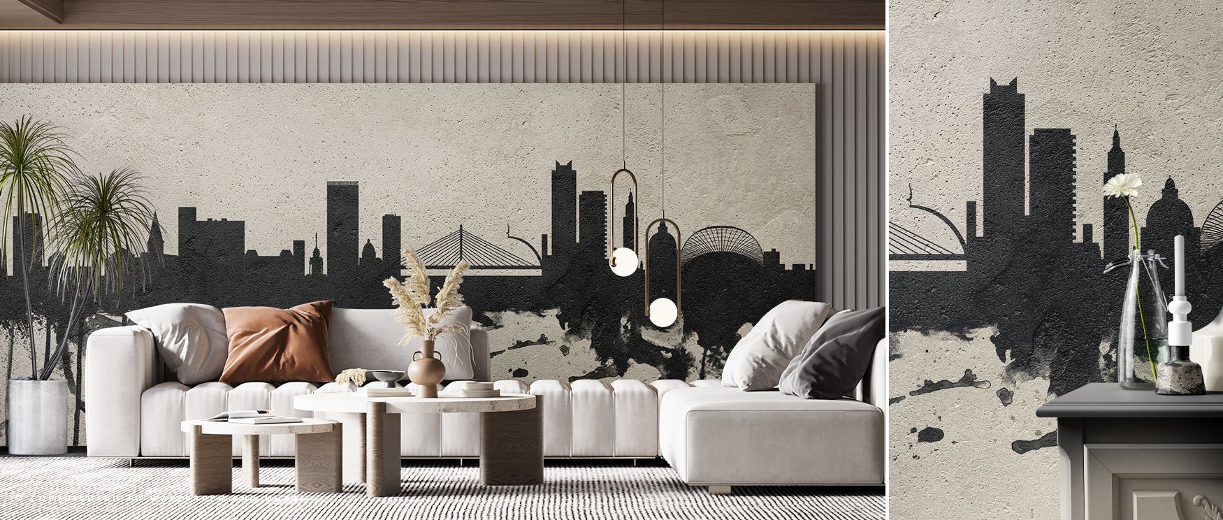 Liege skyline motifs illustrated in concrete tones spread richly across the wallpaper, creating interiors filled with cultural charm, urban refinement, and architectural artistry, making bedrooms, lounges, or offices stylish retreats filled with Belgian h
