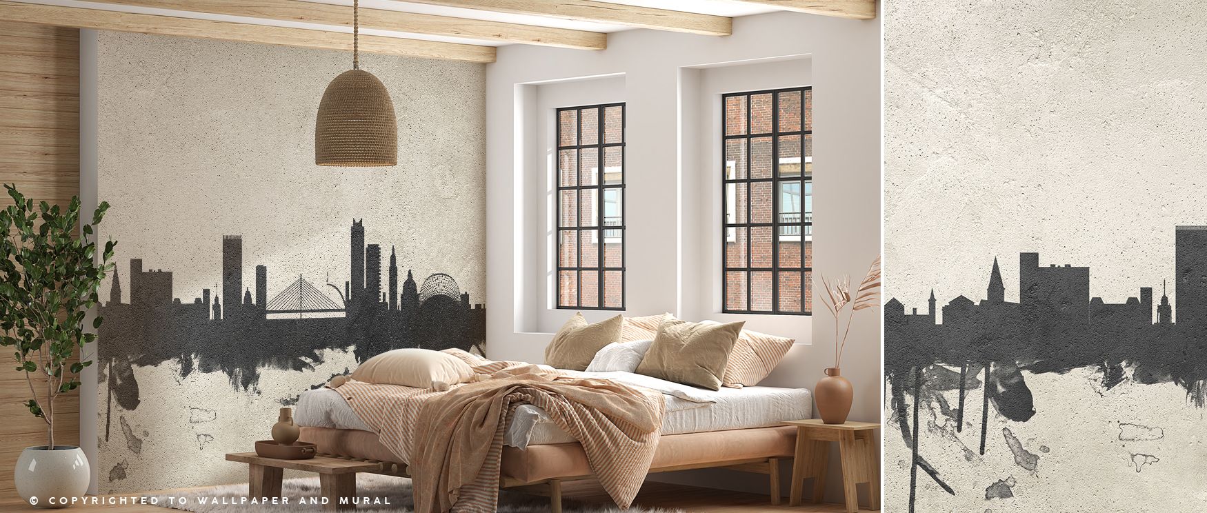 City skyline imagery of Liege illustrated in clean tones enriches interiors with cultural resonance, artistry, and sophistication, transforming bedrooms, living rooms, or offices into retreats filled with Belgian charm and modern elegance in urban design.