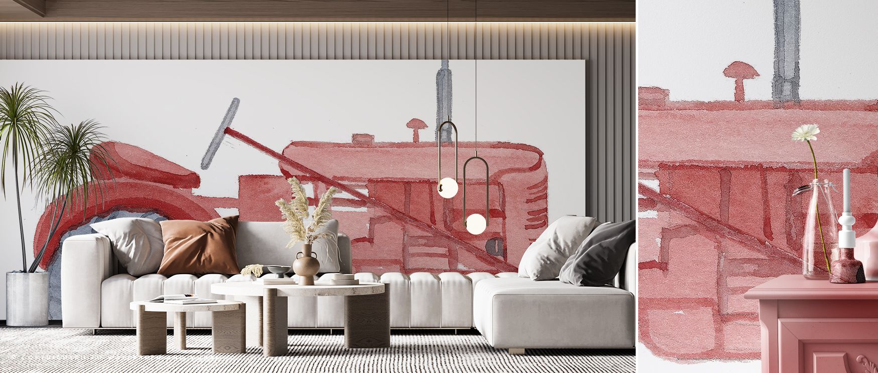 Tractor and field motifs painted in scenic tones spread across the wallpaper, filling interiors with warmth and rustic charm while turning bedrooms, living areas, or offices into pastoral retreats filled with farm-inspired artistry, simplicity, and nostal