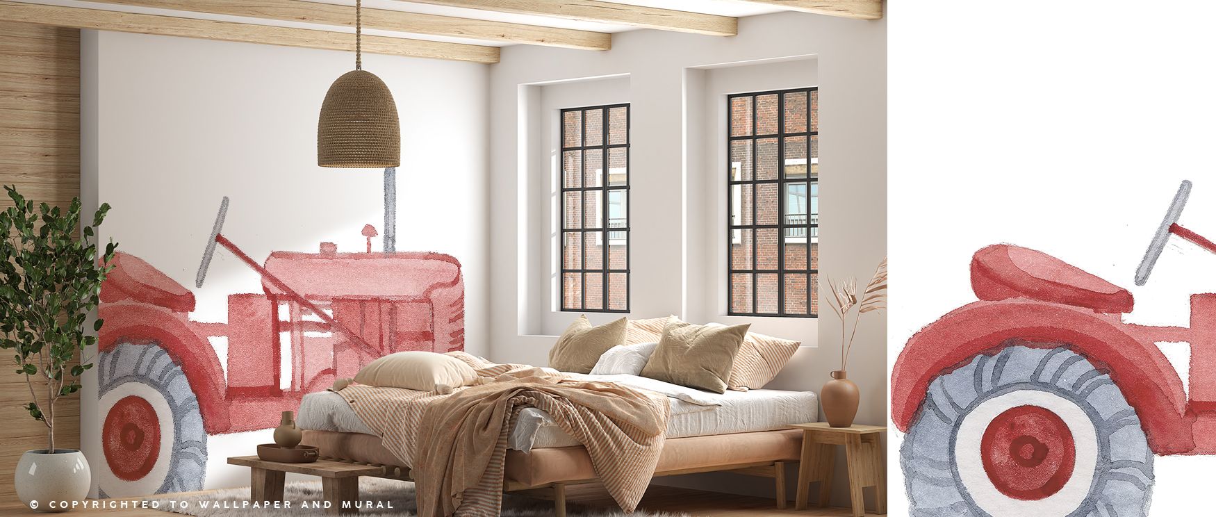Countryside imagery illustrated with tractors and fields enriches interiors with rustic charm and warmth, transforming bedrooms, offices, or lounges into pastoral retreats filled with comfort, artistry, and timeless beauty inspired by simplicity. 