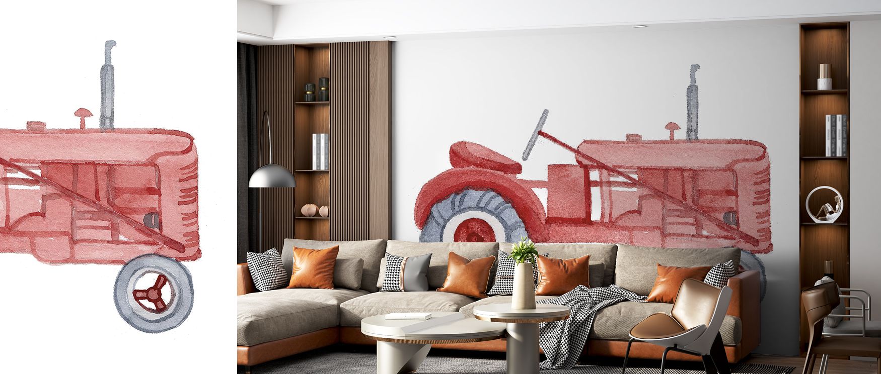Pastoral imagery of tractors and fields enriches interiors with rustic charm, warmth, and tranquility, making bedrooms, living areas, or offices retreats of nostalgic beauty filled with countryside artistry and timeless farm-inspired simplicity. 