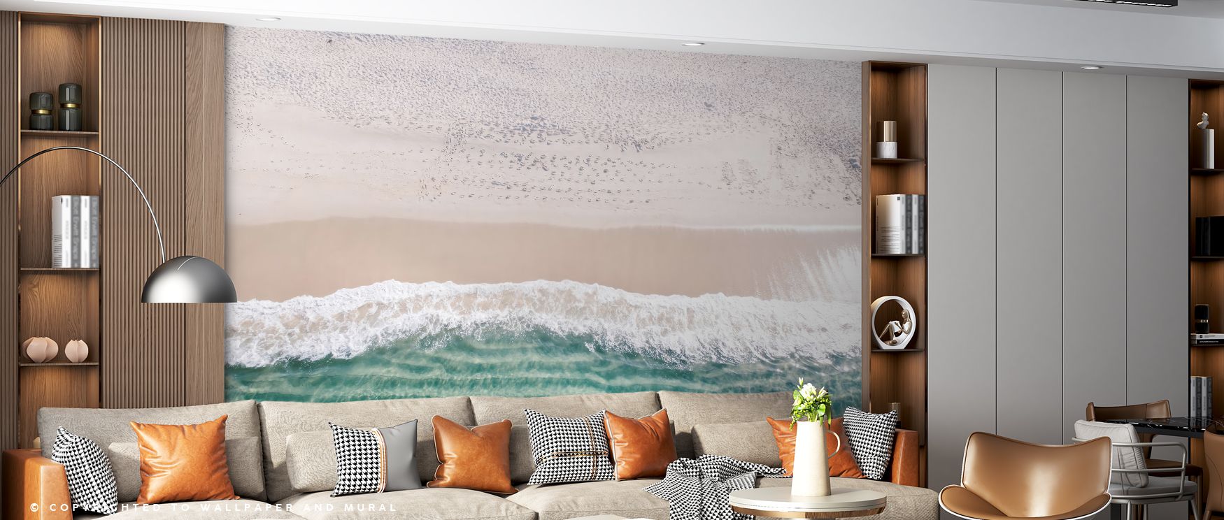 Coastal imagery of sandy shores and gentle waves unfolds across the wallpaper, enriching interiors with freshness and serenity, filling bedrooms, offices, or living spaces with charm, vitality, and the tranquil artistry of beach life expressed in tones th