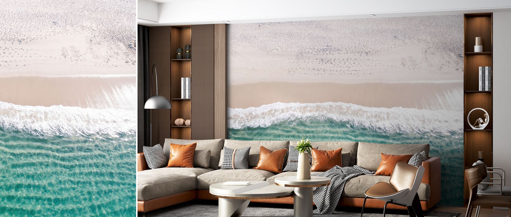 Waves and sandy motifs illustrated in soft tones spread across the wallpaper, creating interiors filled with calm artistry and freshness, making bedrooms, offices, or living areas serene retreats of seaside charm and vitality. 
