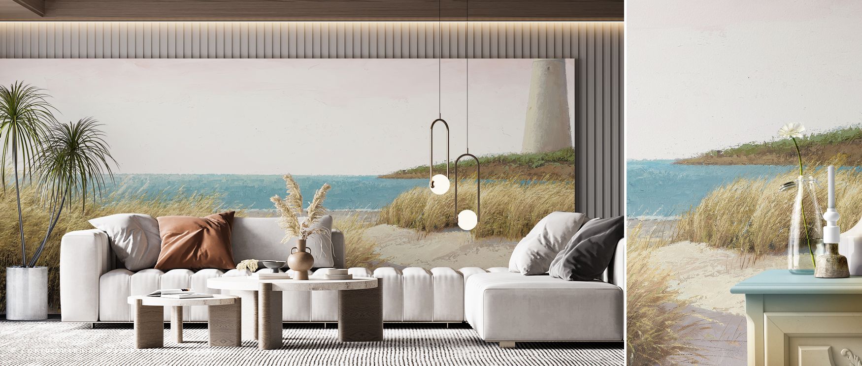 Scenes of lighthouses painted in soft tones enrich interiors with artistry and serenity, turning walls into coastal backdrops that make bedrooms, living rooms, or offices calm, refined, and elegant in atmosphere. 