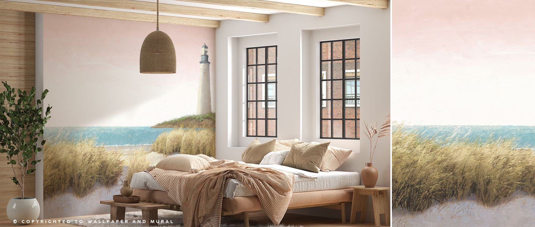 Lighthouse motifs illustrated in flowing tones enrich interiors with coastal charm, creating walls that radiate artistry, serenity, and refinement, enhancing bedrooms, offices, or lounges with seaside calmness and timeless elegance. 