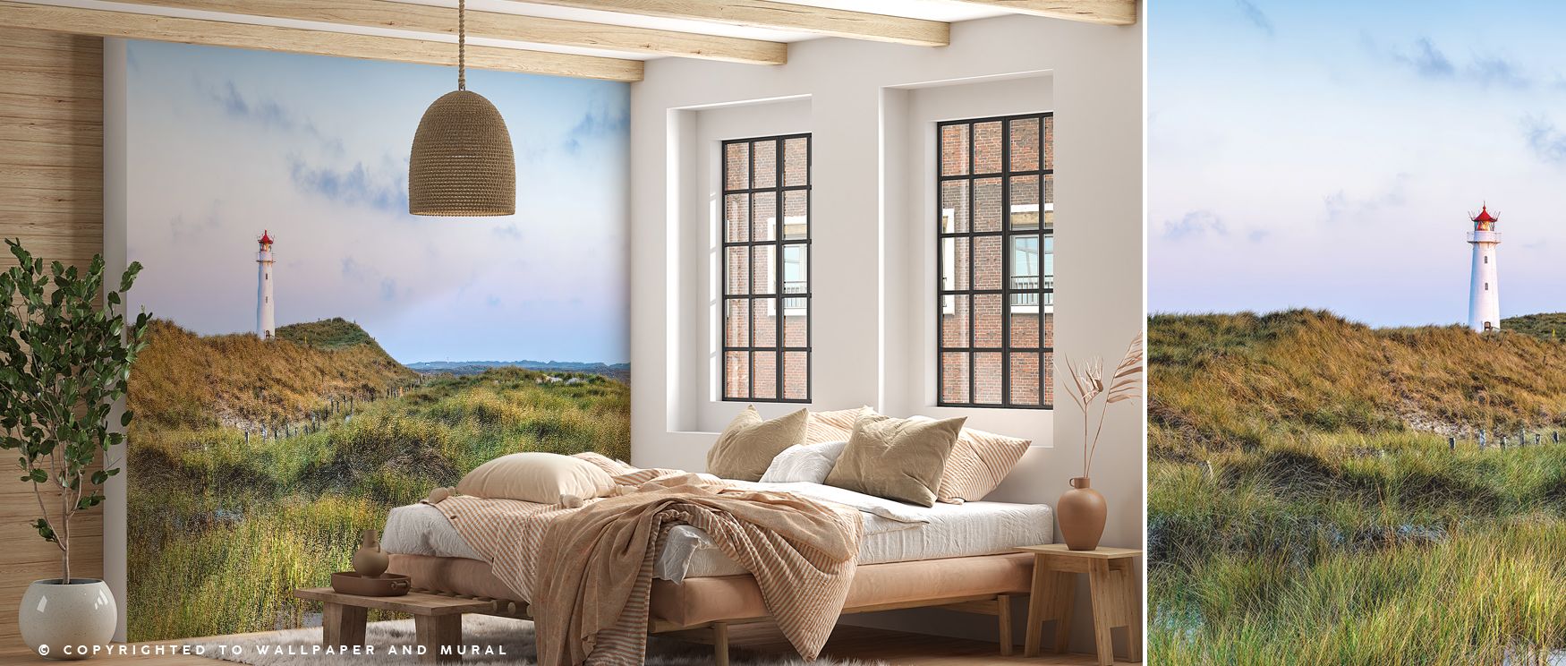 Coastal lighthouse imagery illustrated with artistry enriches interiors with refinement, calmness, and charm, transforming bedrooms, living areas, or offices into retreats filled with serenity, sophistication, and maritime elegance. 