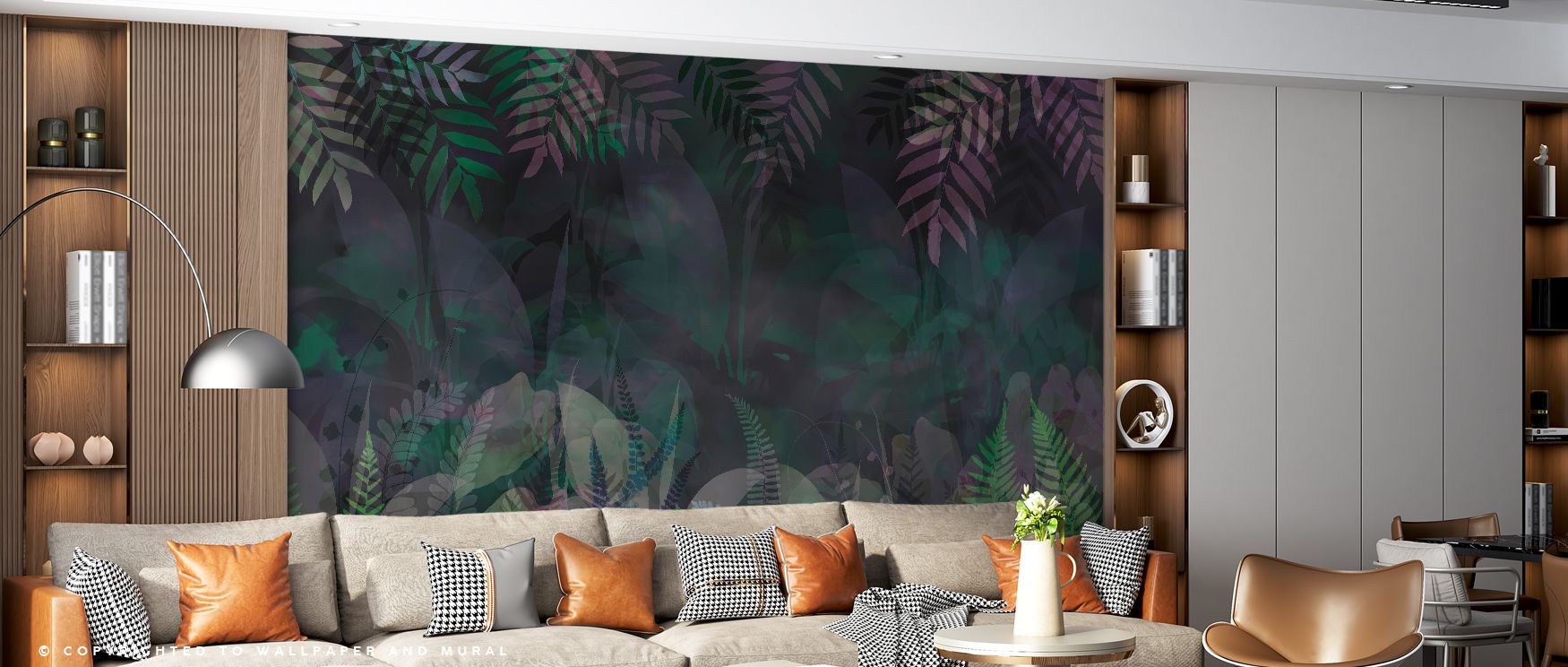 Abstract tropical motifs illustrated in vibrant tones spread richly across the wallpaper, filling interiors with artistry, energy, and vibrancy, turning bedrooms, offices, or living areas into lively retreats filled with dynamic charm and contemporary sop