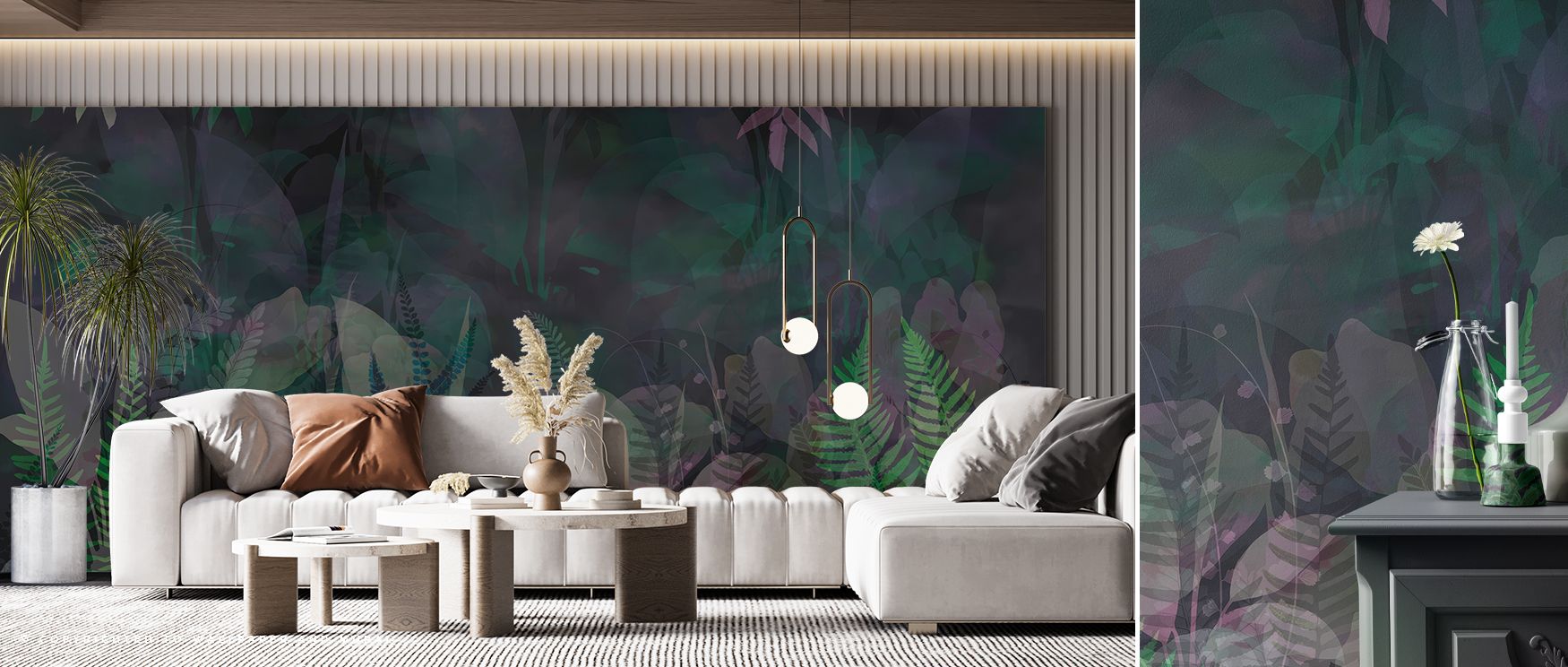 Abstract patterns painted in tropical tones spread across the wallpaper, enriching interiors with energy, artistry, and boldness, transforming bedrooms, living rooms, or offices into retreats filled with freshness, creativity, and modern sophistication. 