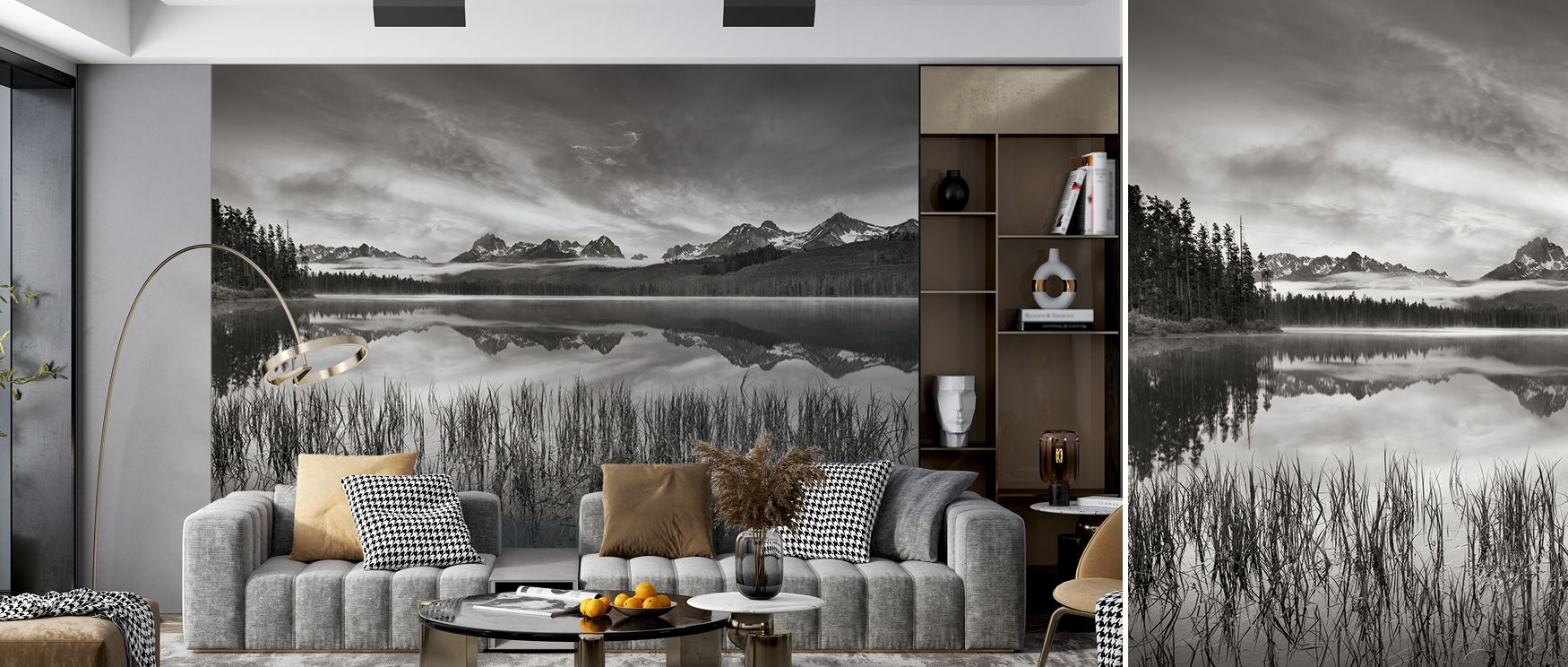 Reflective waters of Little Redfish Lake enrich interiors with artistry, charm, and tranquility, making bedrooms, lounges, or offices restful retreats filled with scenic calmness and balanced beauty. 