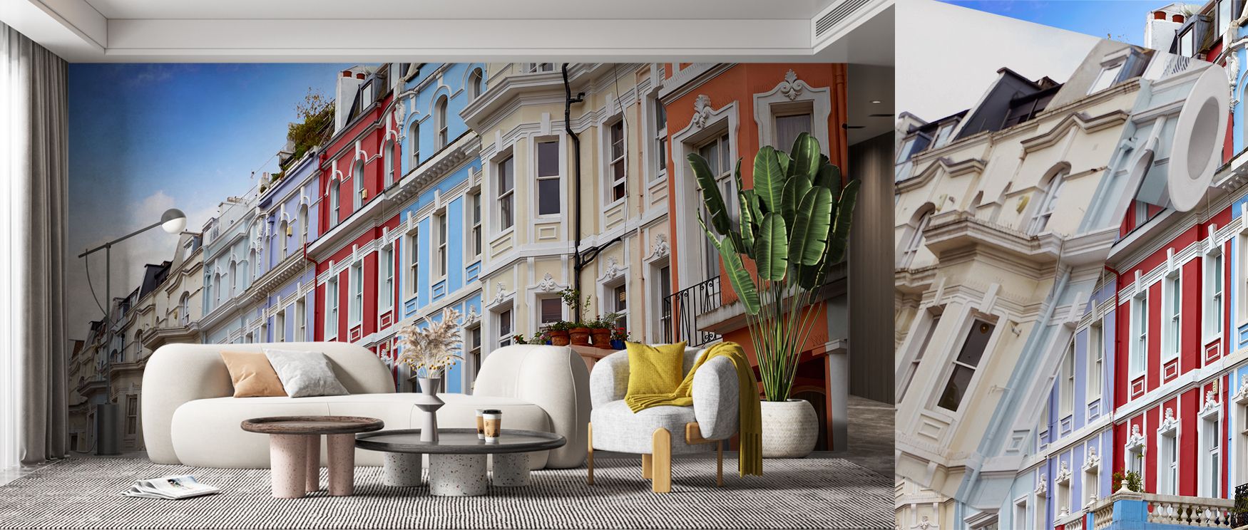 Bustling Portobello Road market scenes illustrated in bold tones enrich interiors with artistry and charm, turning walls into vibrant compositions that make bedrooms, lounges, or offices retreats filled with vitality and cultural refinement. 